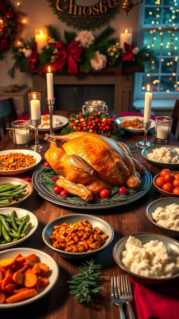A festive Christmas dinner table with a roasted turkey, side dishes, and holiday decorations.